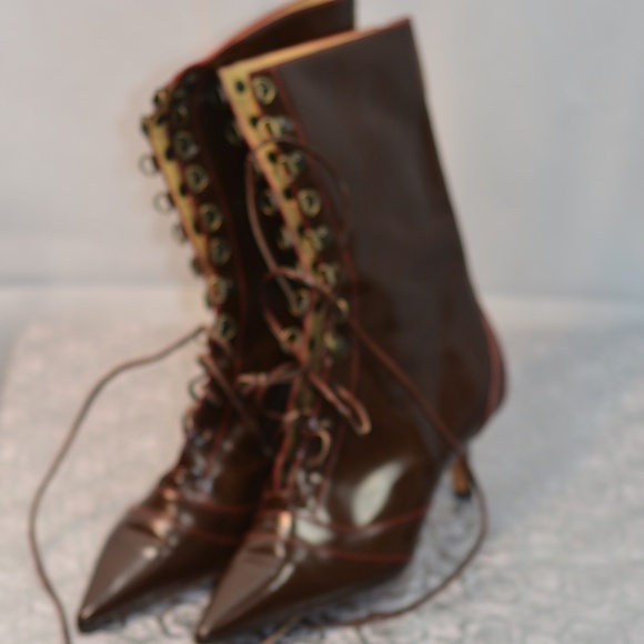 Hugo Boss Brown Granny Style kitten heel boots SZ 37 - Picture 2 of 5